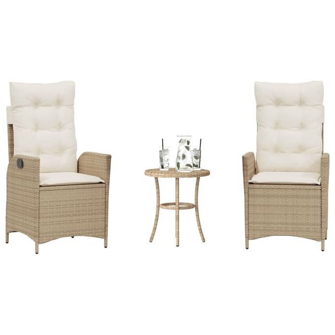 vidaXL - 3-delige - Bistroset - met - kussens - poly - rattan - beige