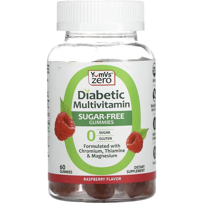 YumVs, multivitamine voor diabetes, zonder suiker, framboos, 60 gummies