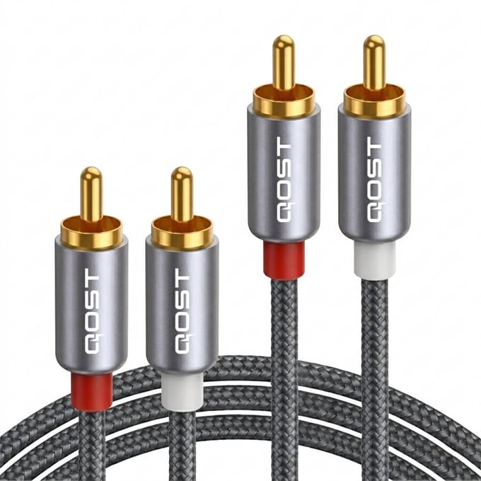 Qost - 2RCA Male naar 2RCA Male Kabel - 3 Meter - Spacegrey - Braided - Audio Kabel - 2 Tulp Plug naar 2 Tulp Plug