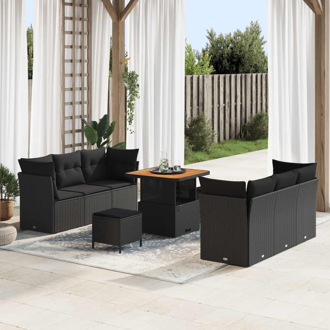 vidaXL - Tuinbank - Set - met - kussen - 9 - pcs - Zwart - poly - rattan