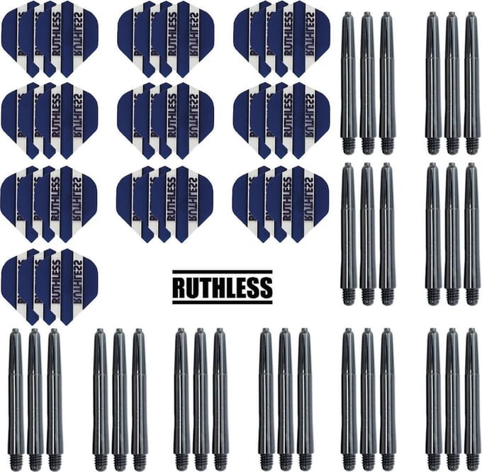 Darts Set - 10 Sets Ruthless Flights – dart flights – Donkerblauw – plus 10 sets Dragon – dart shafts – medium