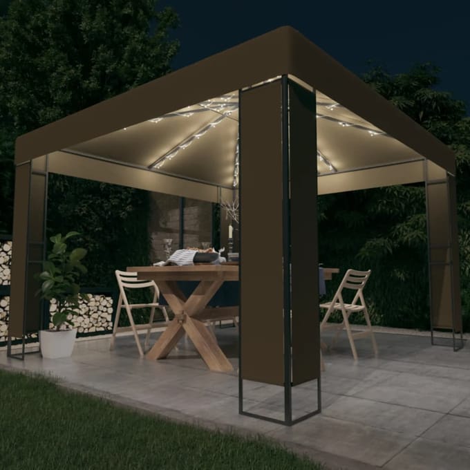 vidaXL - Prieel - met - dubbel - dak - en - LED-lichtslinger - 3x3x2,7 - m - taupe