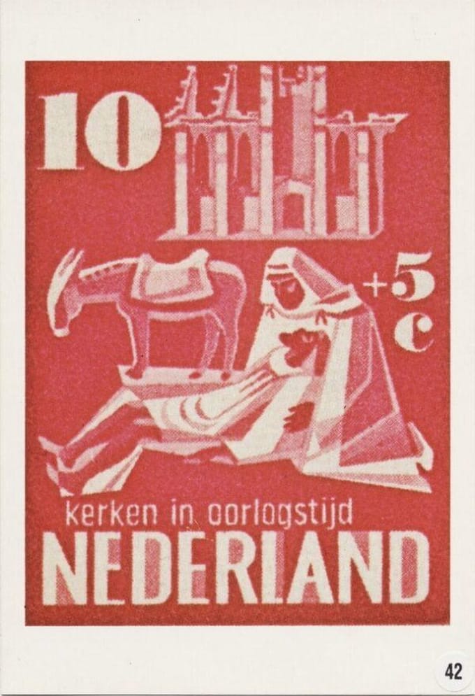 Briefkaart met afbeelding kerken in oorlogstijd postzegel