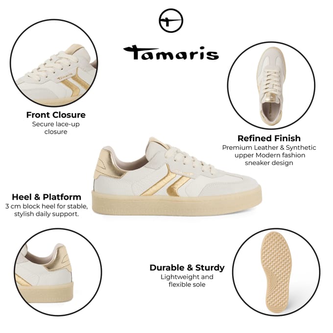Tamaris dames sneakers van wit leer met gouden strepen