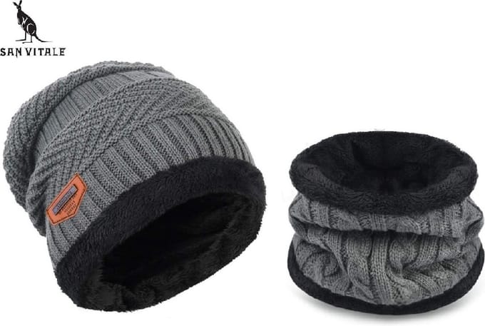 San Vitale® - Muts - Set met Col - Dikste kwaliteit - 180+ gram - Muts Heren - Beanie - Wintermuts - Donkergrijs/Zwart
