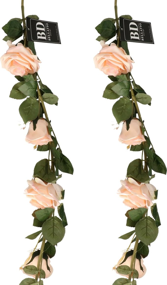 Bellatio Design Kunstbloem slinger rozen - 2x - 145 cm - perzikroze - bruiloft versiering - guirlande - decoratie