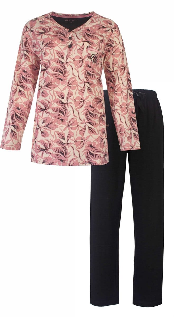 Medaillon Dames Pyjama - Lange Mouw - Bloemenprint - Roze - Maat M