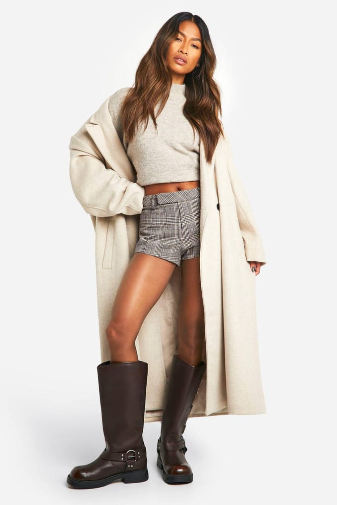 boohoo Dames Wool Check Micro Short | Bruin | Maat: 42