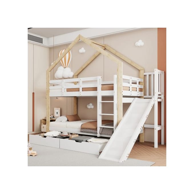 Lit superposé - 90x200 cm - Bois massif - Toboggan - Échelle inclinée sécurisée blanc