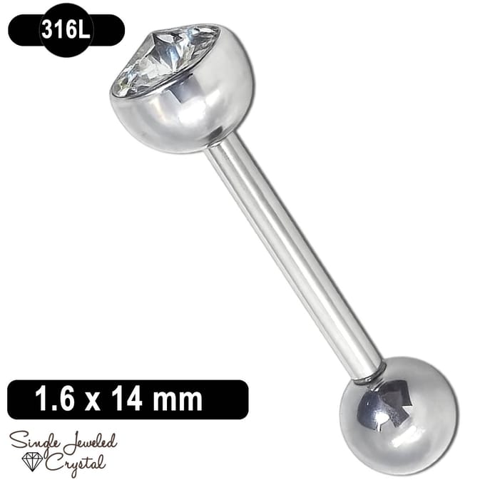 Tongpiercing - 1.6 x 14 mm - 316L Chirurgisch Staal - Barbell - Cone Kristal - Clear
