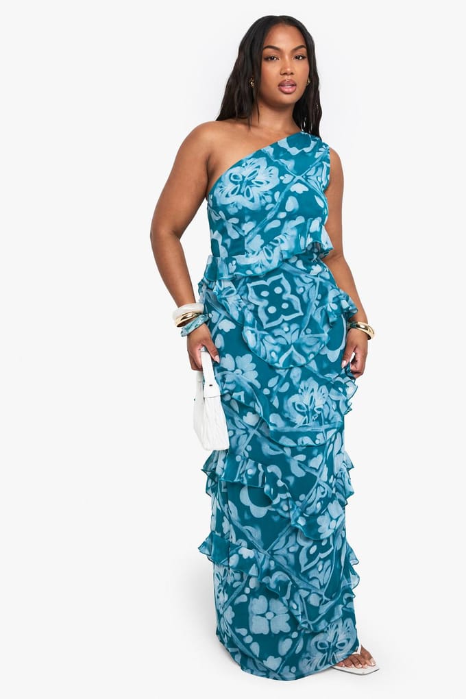 boohoo Dames Plus Tile Print Chiffon Asymmetrische Maxi-jurk | Blauw | Maat: 54