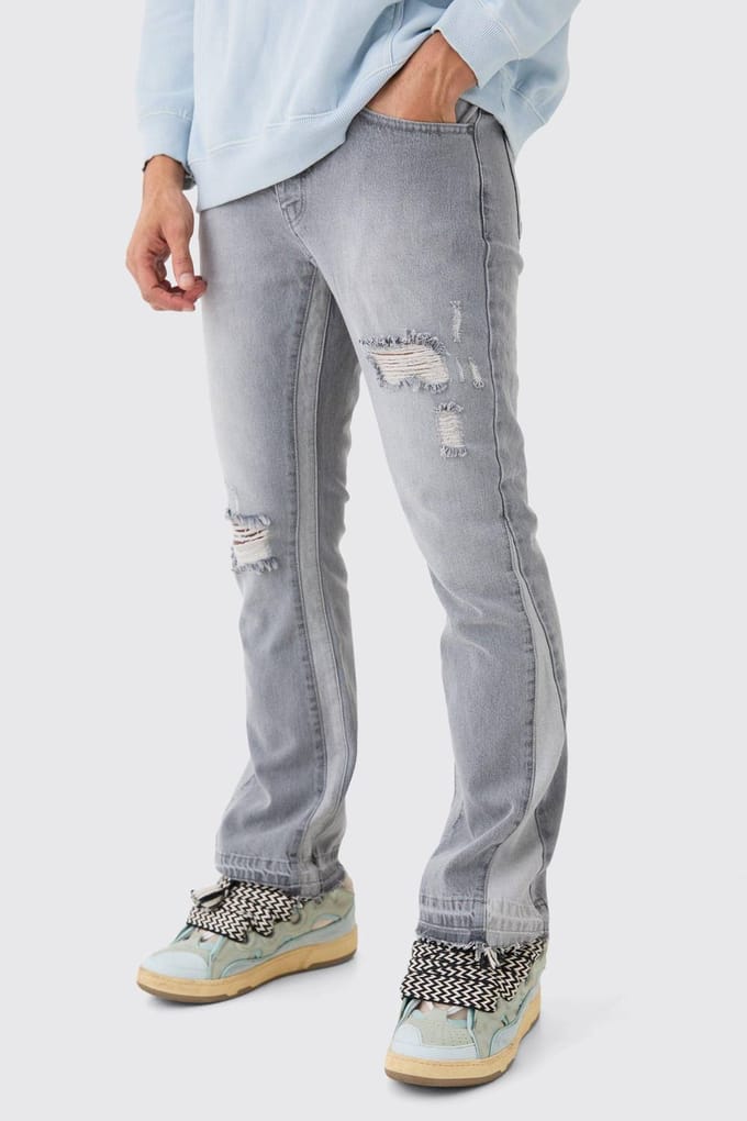Slim Flare Distressed Jeans met Inzetpaneel | Light Grey | Size 28R