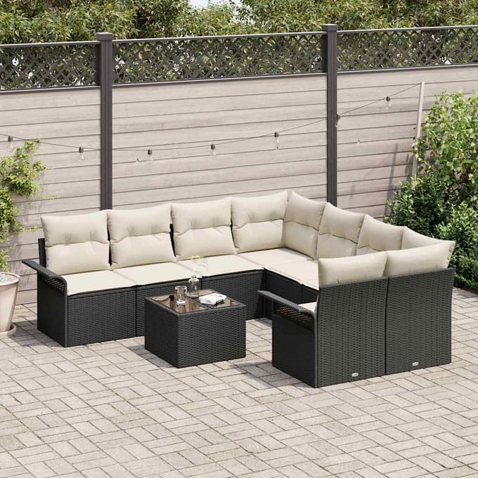 vidaXL - Tuinbank - Set - 9 - st - Zwart - en - Crème - poly - rattan