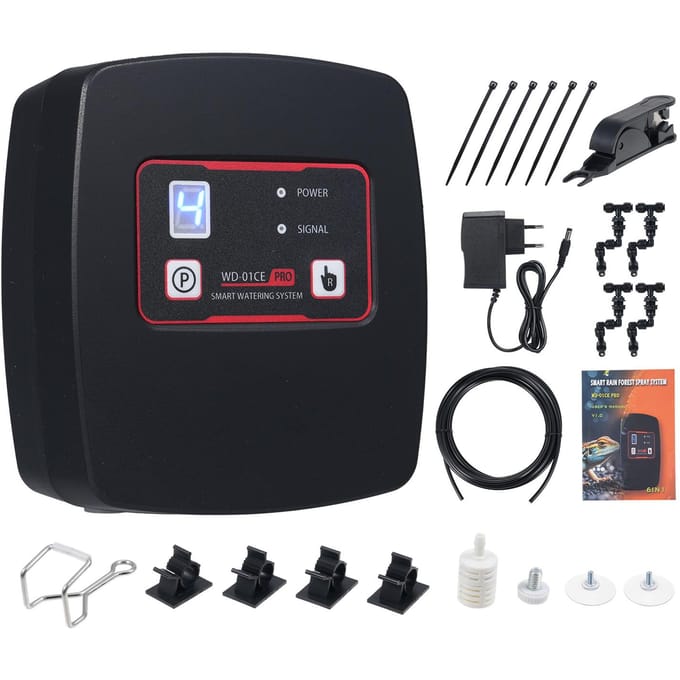 Système d'arrosage intelligent Contrôle par application Système de pulvérisation à effet pluie tropicale Système d'humidification pour animal de compagnie grimpant EU Plug noir