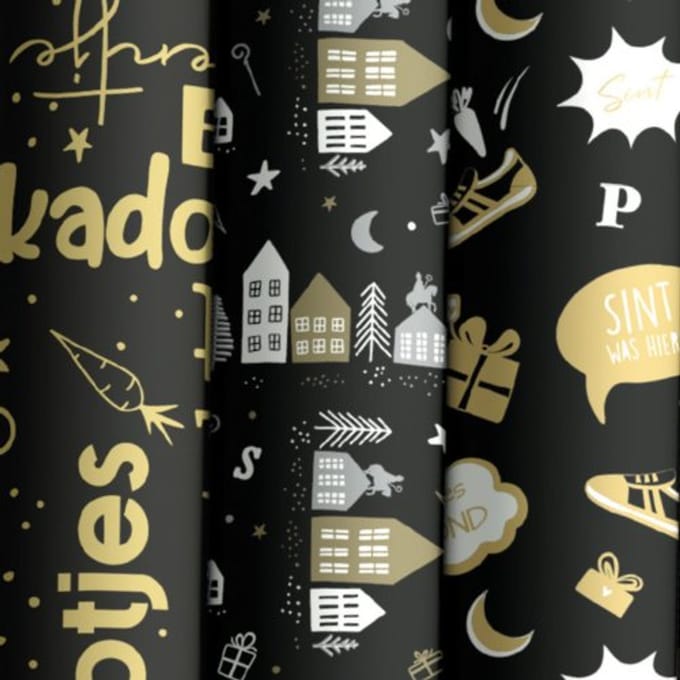 Sinterklaas cadeaupapier zwart/goud, 200 x 70 cm, assorti