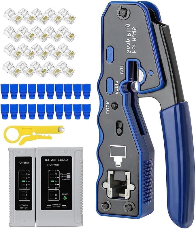 Krimptang Set - Bekabeling Tang - Netwerk Installatie - Doorloop Testmodule - 13.5 cm - Blauw