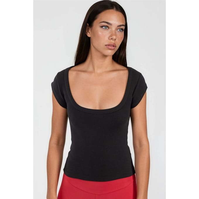 Slim Fit Ribbel U-Hals Blouse