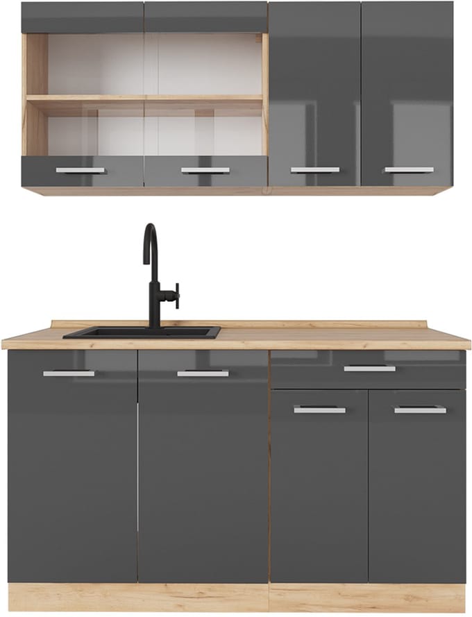 Vicco R-Line Eenpersoonskeuken – 140 cm, WB Eik Antraciet hoogglans/goud eiken