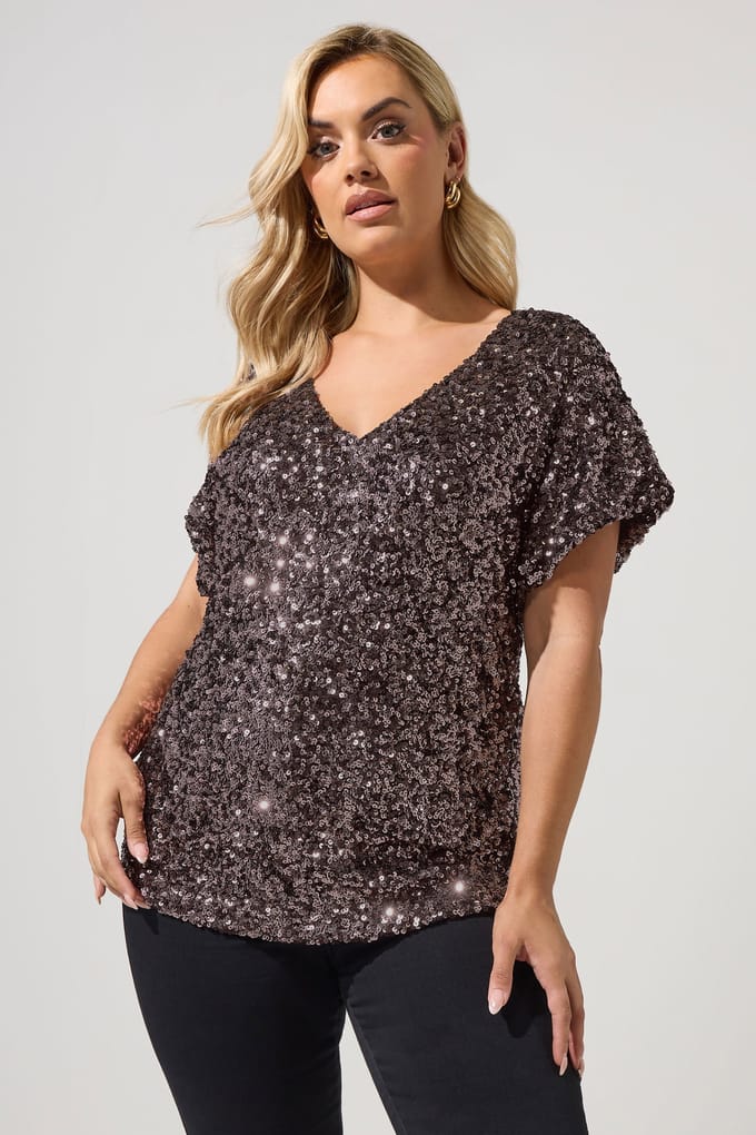 Yours London Chocoladebruine Top Met Pailletten Size 48