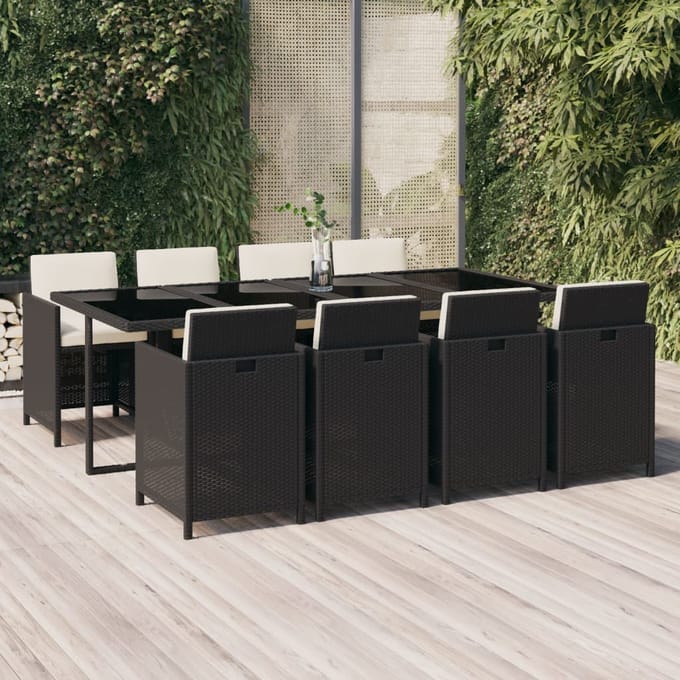 vidaXL - 9-delige - Tuinset - met - kussens - poly - rattan - zwart