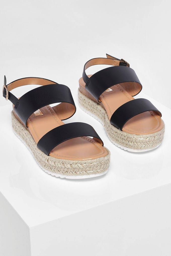 boohoo Dames Double Strap Espadrille Flatforms | Black | Maat: 8