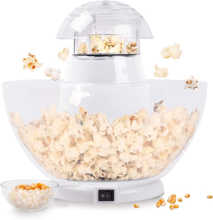 QORA® Popcorn Machine – Hetelucht Popcornmachine – Popcornpan Inclusief Serveerschaal – Popcornmakers 1200W - Wit - 30cm x 30cm x 28cm