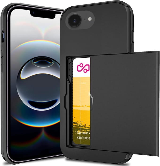 Hoesje met Pasjeshouder geschikt voor iPhone 16e - Back Cover SlideCase Zwart