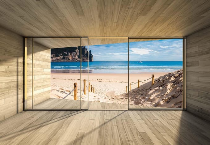 Fotobehang Window Path Beach Sand Nature | XXL - 312cm x 219cm | 130g/m2 Vlies