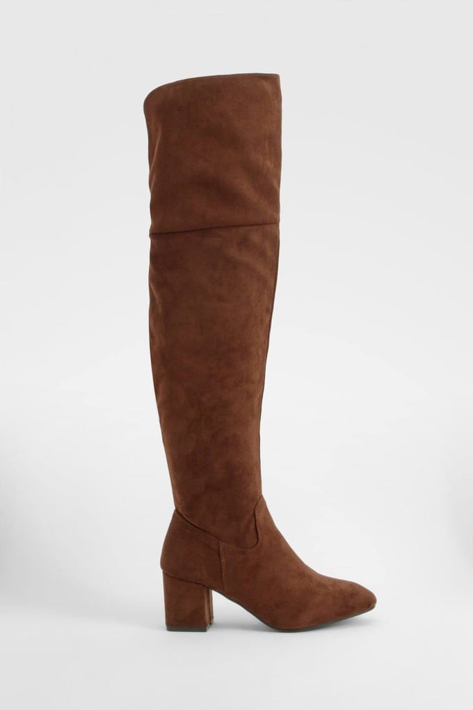 boohoo Dames Block Hak Laarzen tot boven de knie | Chocoladebruin | Maat: 36