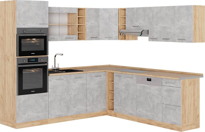 Vicco Hoekkeuken R-Line, Beton/Goudkleurig Eiken, 247 x 237 cm, WB Eik