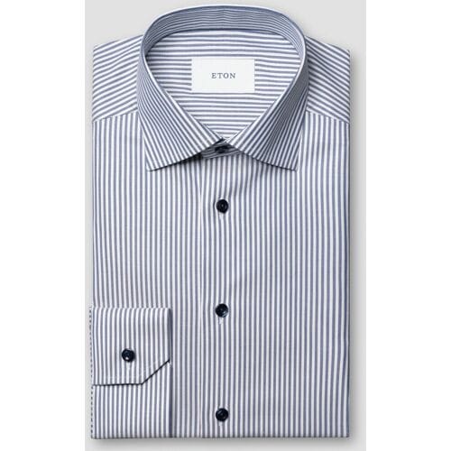 Eton Overhemd Vertical Stripes Soft Cotton Tencel Cutaway Collar Donker Blauw / male