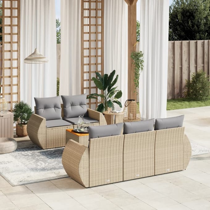 vidaXL - 6-delige - Loungeset - met - kussens - poly - rattan - beige