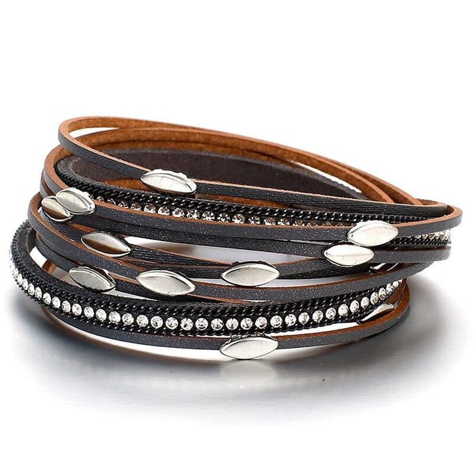Armband Dames - Leren Wikkelarmband - 185cm - Bergkristal - Zwart