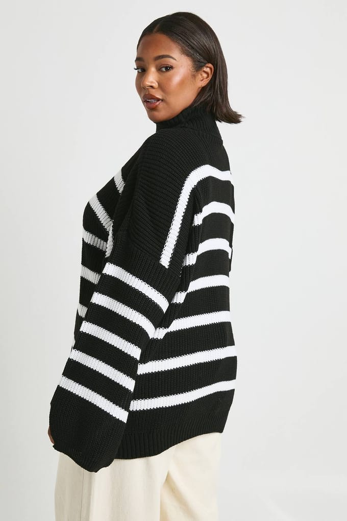 boohoo Dames Plus gestreepte rolkraag gebreide trui | Zwart | Maat: 48