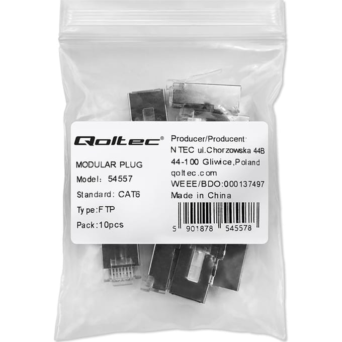 Qoltec Plug RJ45 modulaire connector |   CAT6 |   FTP |   Vergulde contacten |   10 stuks