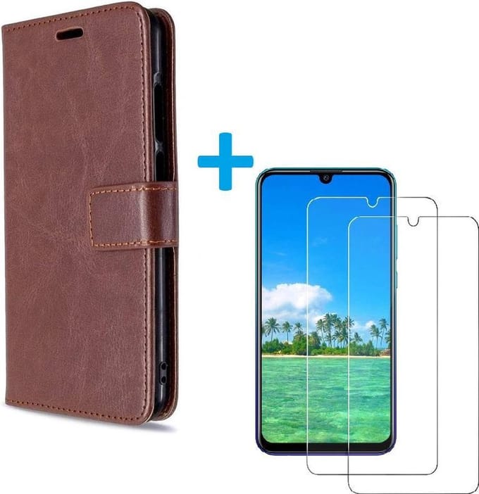 Bookcase Geschikt voor: Huawei P Smart 2020 - Bookcase Bruin - portemonee hoesje met 2 stuks Glas Screen protector