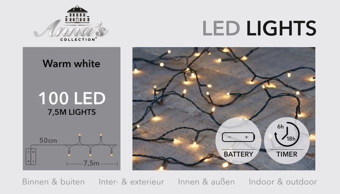 Anna's Collection Kerstverlichting - warm wit -750 cm - 100 leds - zwart snoer - batterij