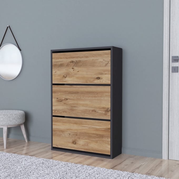 Schoenenkast Aurskog 110x73,5x24 cm antraciet en eiken
