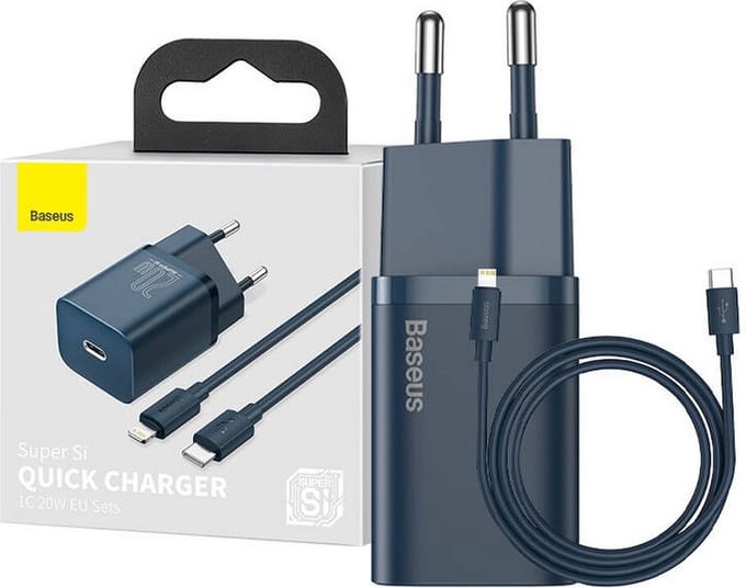 Baseus Super Si netwerkoplader met Lightning-kabel, 20W, 3A, 1 x USB-C, Blauw TZCCSUP-B03