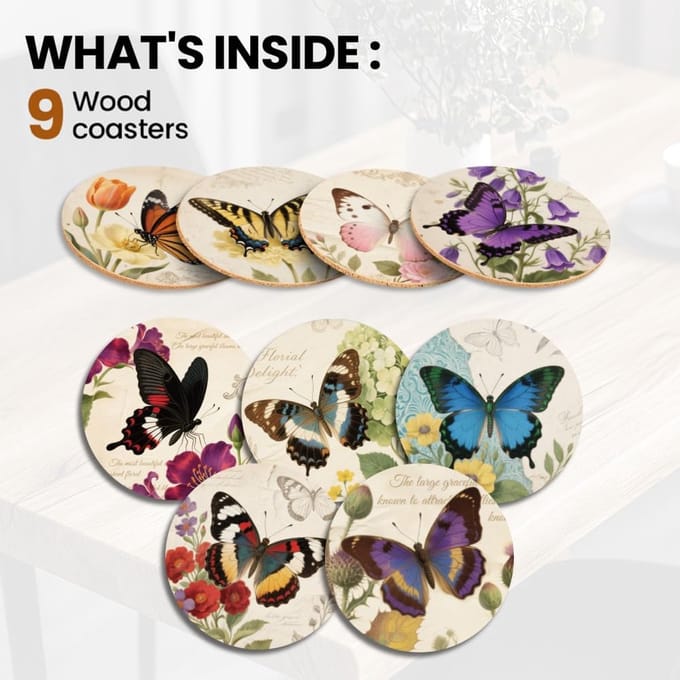 Omgoods - Ronde Houten Coasters met Vintage Design - Set van 9 Stuks