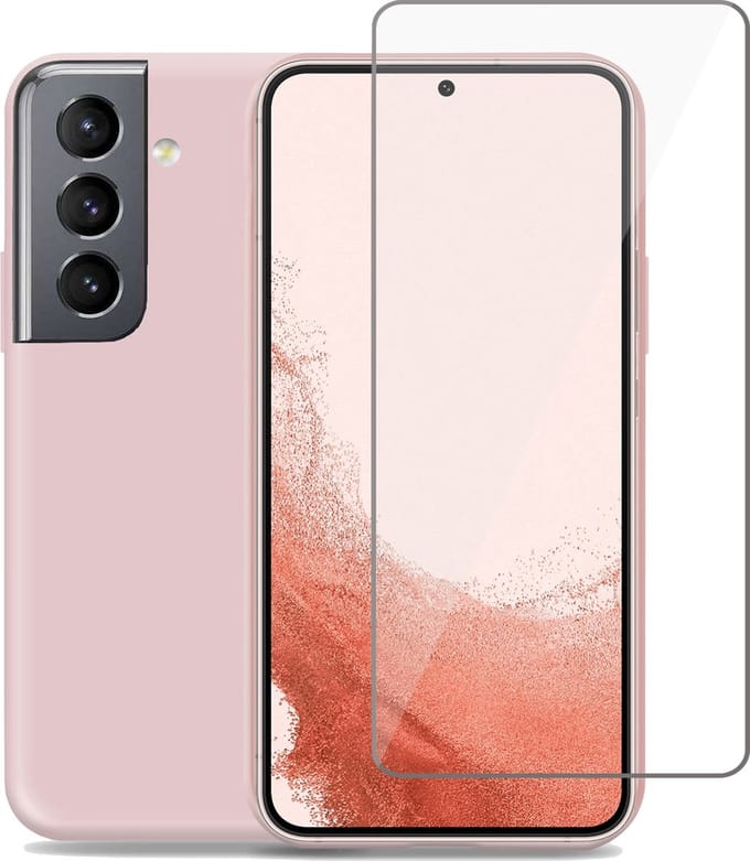 Hoesje geschikt voor Samsung S22 Plus + Screenprotector – Tempered Glass -Liquid Back Case Cover Rose
