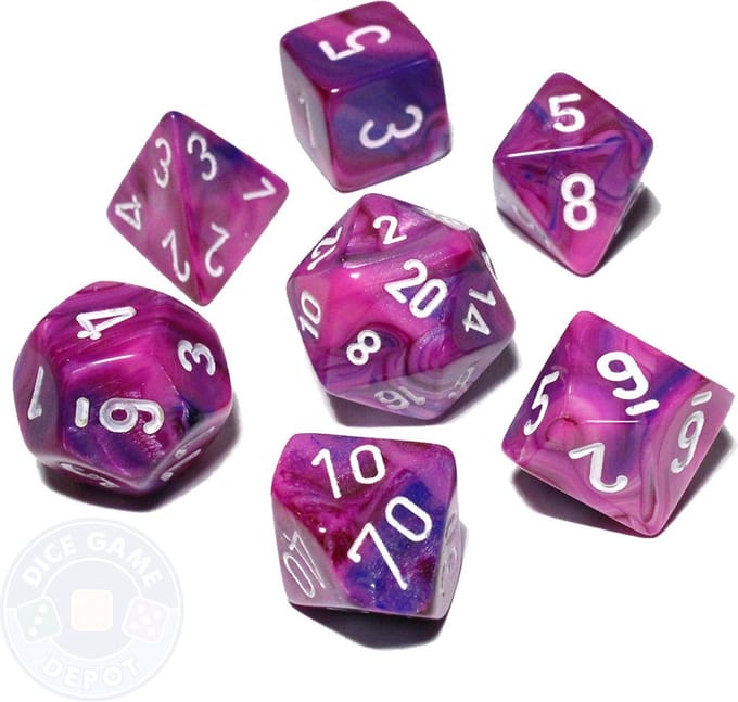 Chessex Feestelijk Violet/wit Polydice Dobbelsteenset (7 stuks)