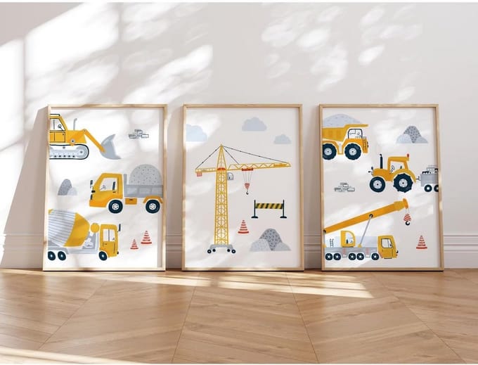 Set van 3 A4 Posters Bouwvoertuigen voor Kinderkamer: Graafmachine, Kraan en Kiepwagen