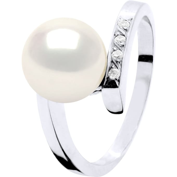Ring Sieraden Diamant 0,04 Ct - Kwaliteit Hsi Wit Goud - Echte Geëxtraheerde Zoetwaterparel Rond 8-9 mm