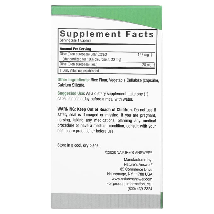 Nature'S Answer, Olijfblad, 187mg, 60 Vegetarische Capsules