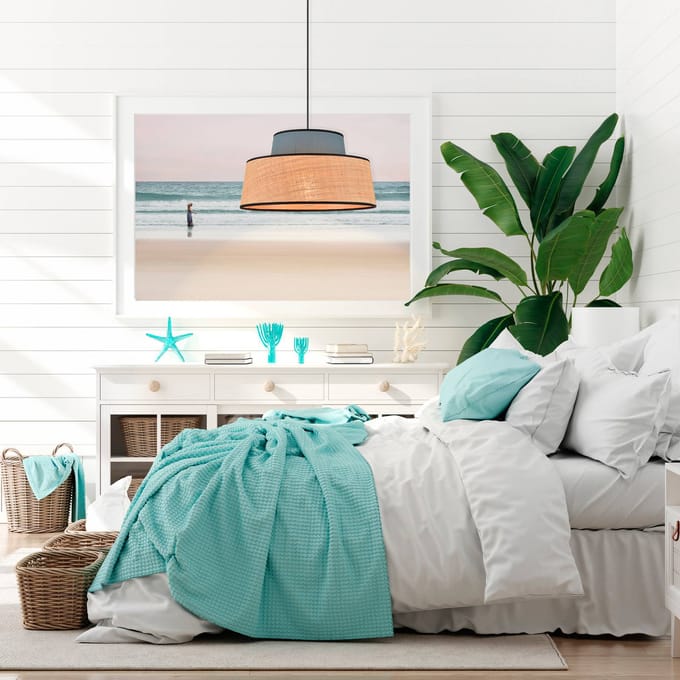COREP Hanglamp Mallorca, petrol/naturel, Ø 38 cm, stof/bast