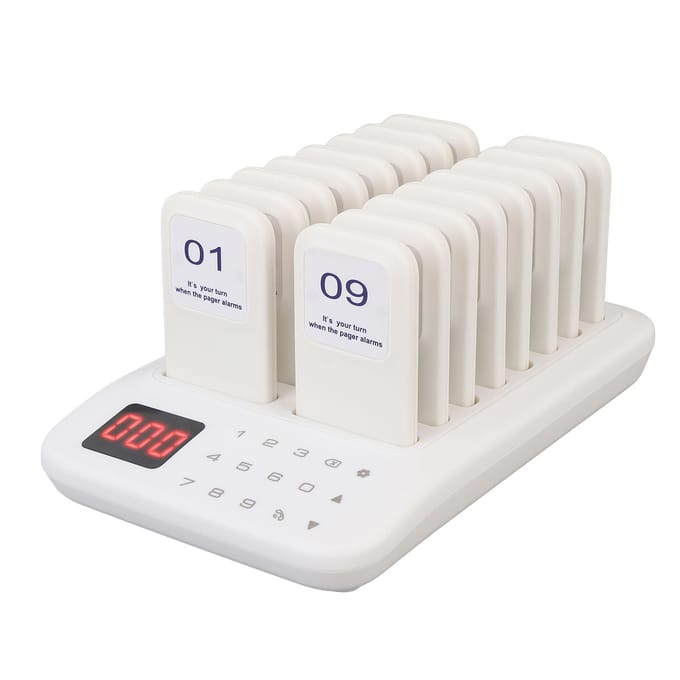 Restaurant Pagersysteem 1 tot 16 Vibratie Buzzer Knipperende Modussen 433.92MHz 500m 999s Draadloos EU Plug wit