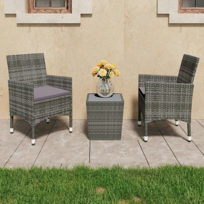 vidaXL - 3-delige - Bistroset - poly - rattan - en - gehard - glas - grijs