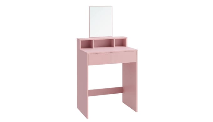 Make-uptafel met grote spiegel, kaptafel, 2 laden, 3 open vakken, cosmeticatafel, modern, pastelroze