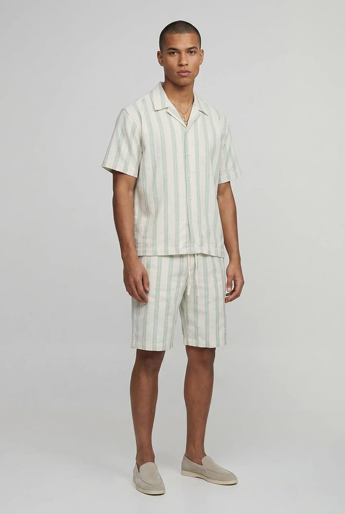 Geborduurd Gestreept Oversized Shirt & Wijde Korte Broek Set | Sage | Size Medium
